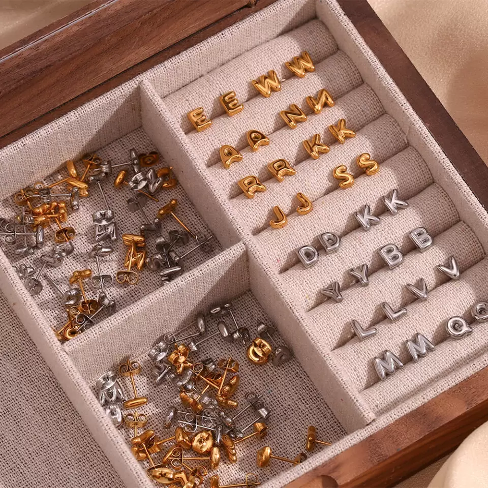 Tarnish Free Waterproof 18K Gold PVD Plating Everyday Casual Simple Cute Dainty Jewellery Alfabeto Alphabet Initial Ear Studs