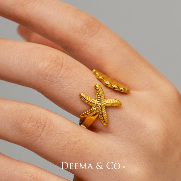 Hypoallergenic Water Safe 18K Gold PVD Plating Beach Ocean Vacation Jewellery Starfish Seashell Ring