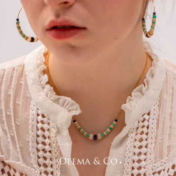 No Green Skin Showerproof Stainless Steel Bold Statement Jewellery Colourful Fun Retro Necklace and Hoop Earrings Set