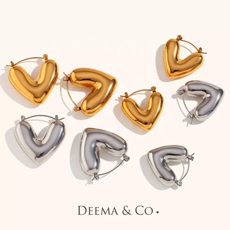 Tarnish Free Waterproof 18K Gold PVD Plating Valentines Day Casual Statement Jewellery Aina Love Statement Heart Hoop Earrings