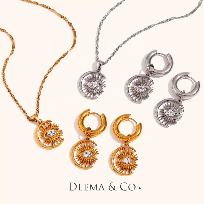 No Green Skin Showerproof Stainless Steel Statement Unique Fun Jewellery Evil Eye Necklace Huggies earrings Jewellery Set