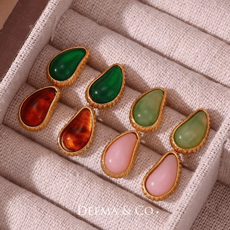 Tarnish Free Waterproof 18K Gold PVD Plating Everyday Statement Unique Colourful Jewellery Resin Gemstone Ear Studs