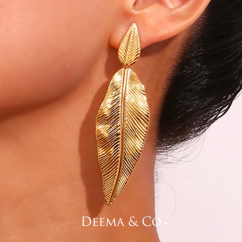 Tarnish Free Waterproof Jewellery 18K Gold PVD Plating Leaf Floral Nature Statement Drop Earrings