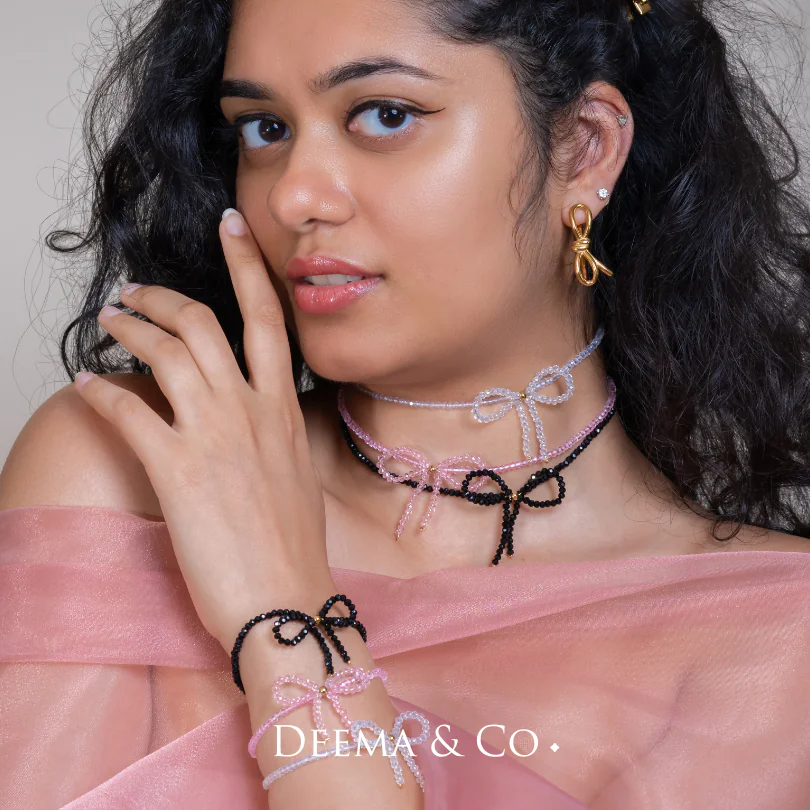 Waterproof Stainless Steel PVD Plating Beads Ribbon Dainty Coquette Necklace and Bracelet Set