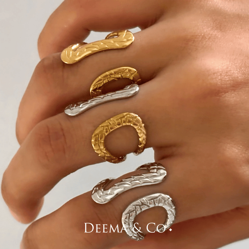 Tarnish Free Stainless Steel 18K Gold PVD Plating Mixed Metals Textured Adjustable Ring