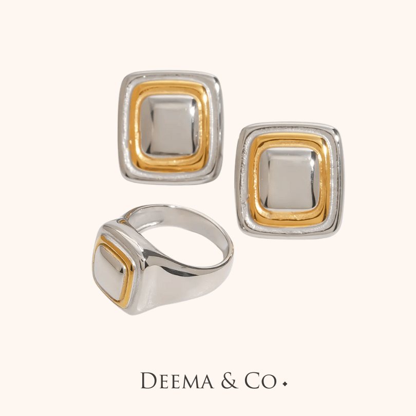 Duo Tone Jewellery Ring - Signet Lover - Waterproof, Tarnish Free, Statement Signet Set Ring and Earrings
