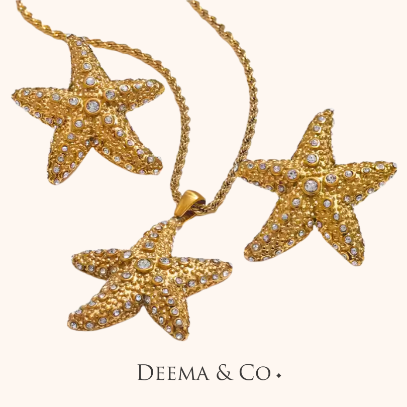 Stainless Steel, Cubic Zirconia CZ Textured Waterproof Starfish Statement Jewellery Necklace & Earrings Set