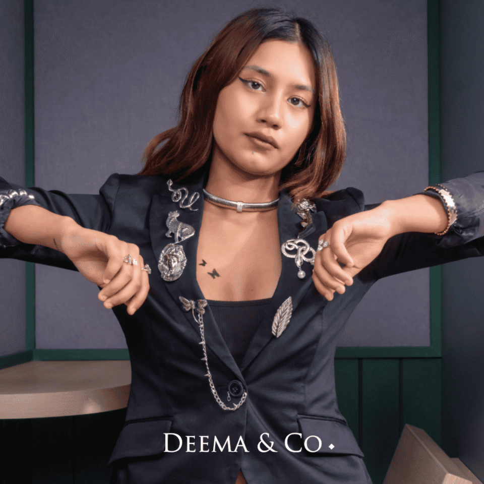 Model wearing tarnish-free water safe hypoallergenic statement jewellery