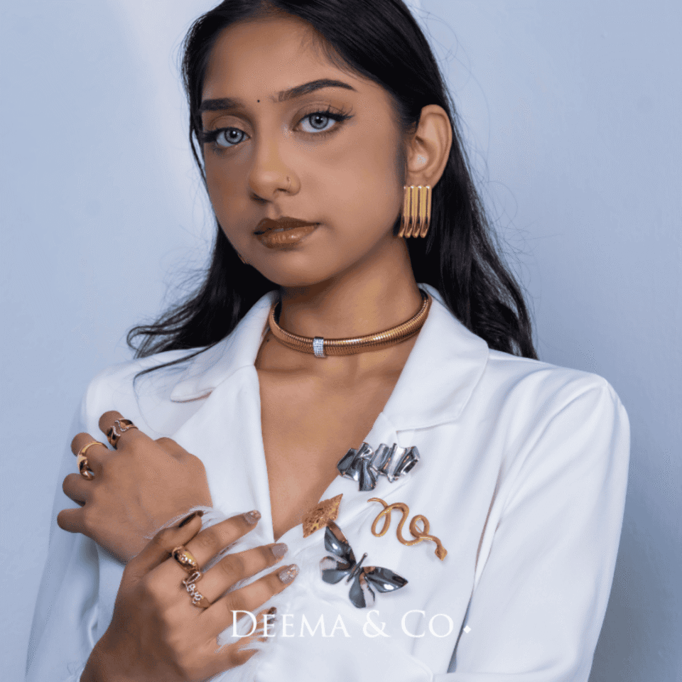 Model wearing water safe tarnish-free hypoallergenic stainless steel statement jewellery