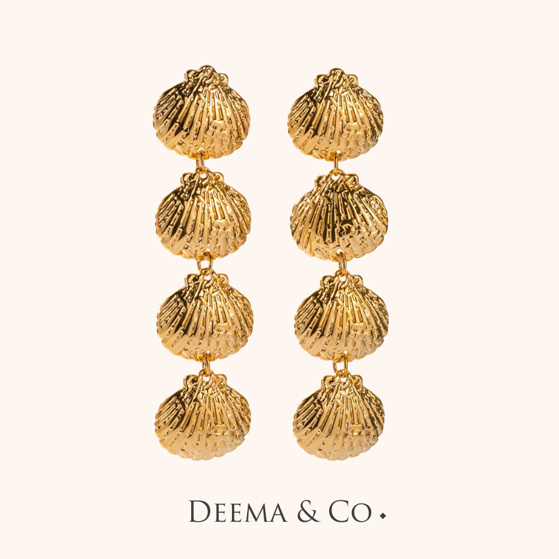 Dangling Textured Earrings - Clam Seashell design - 18K Gold PVD Earrings Waterproof