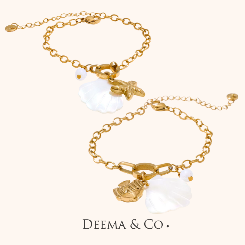 White Natural Shell AKA Mother of Pearl Bracelet - Tang Fish and Starfish Charms