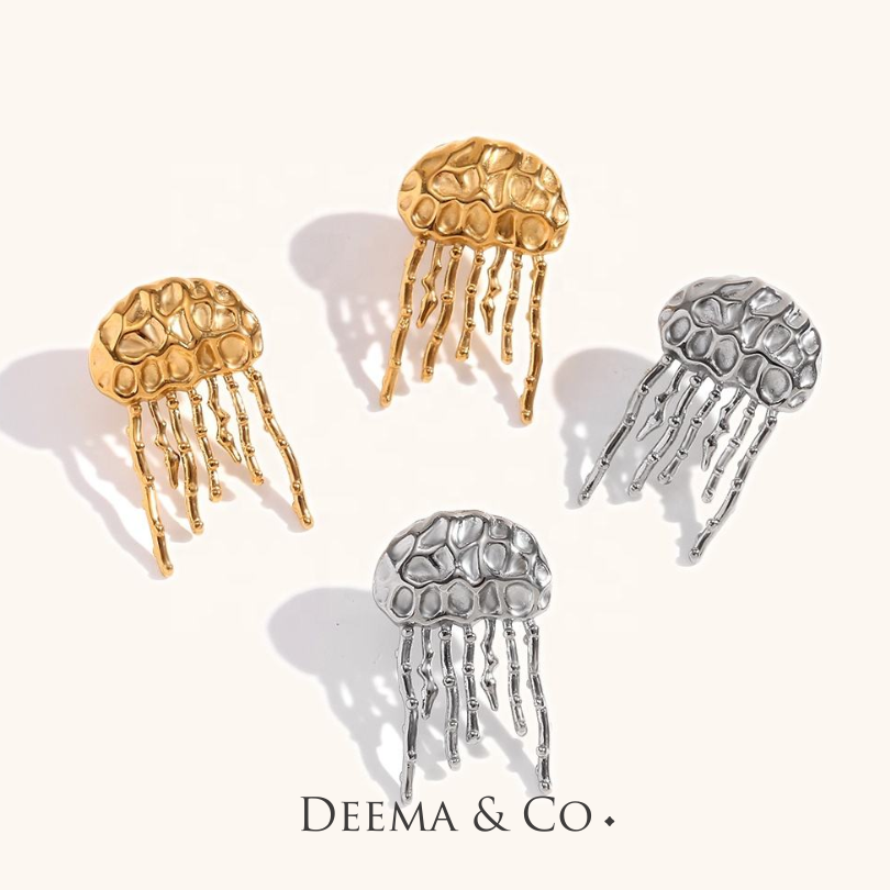 Jellyfish Meduza Meduze Statement Textured Earrings - Waterproof Tarnish Free Hypoallergenic - 18K Gold PVD and Steel