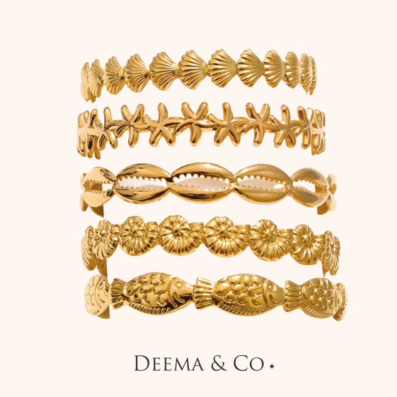 18K Gold PVD Stainless Steel Open Adjustable Bangle - Derya Ocean Collection