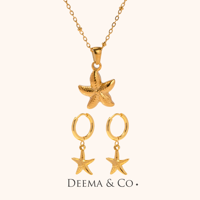 Starfish Stella Marina Cute Dainty Set - 18K PVD Gold Necklace and Earrings Huggies