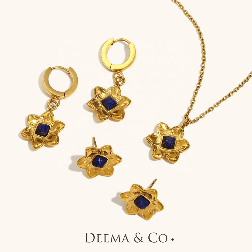 Nilufer Lotus Flower Lazuli Gemstone Set - Ear Studs, Ear Huggies, Necklace Waterproof - Suitable for Xmas Gift, Christmas, Birthday, Diwali, And for Queens