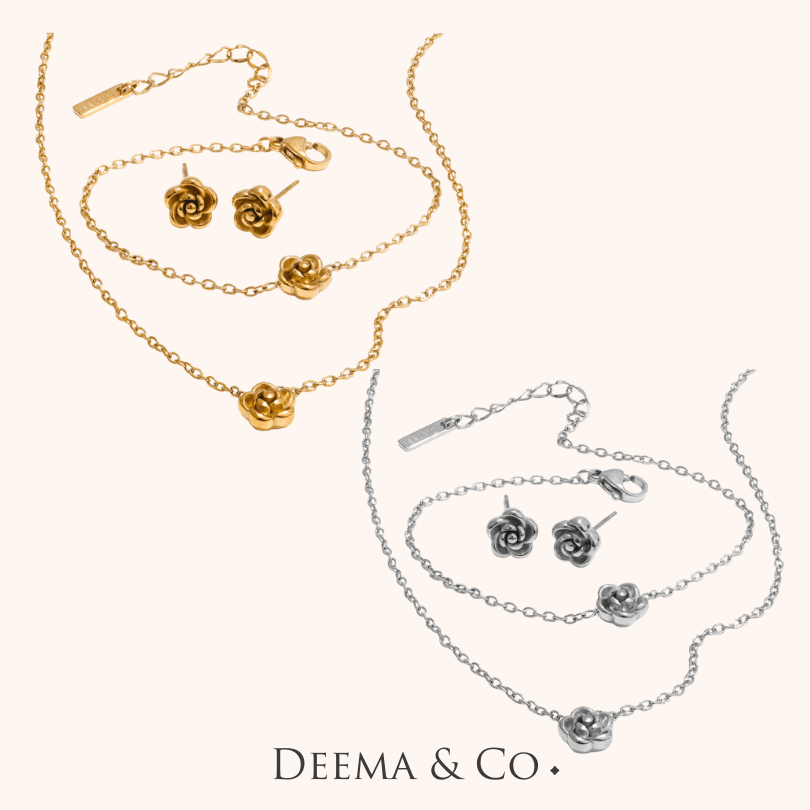 flower bloom necklace bracelet ear stud waterproof jewellery set