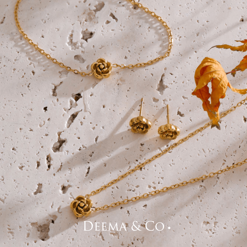 flower bloom necklace bracelet ear stud waterproof jewellery set