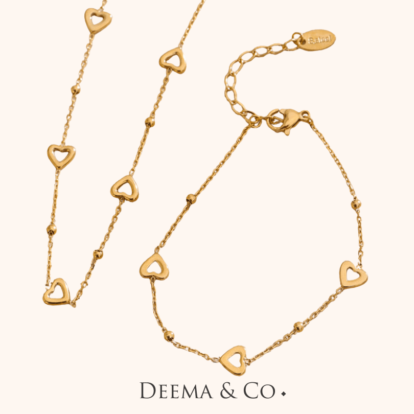 Dilara Dainty Necklace Bracelet Set - heart shape dainty jewellery waterproof