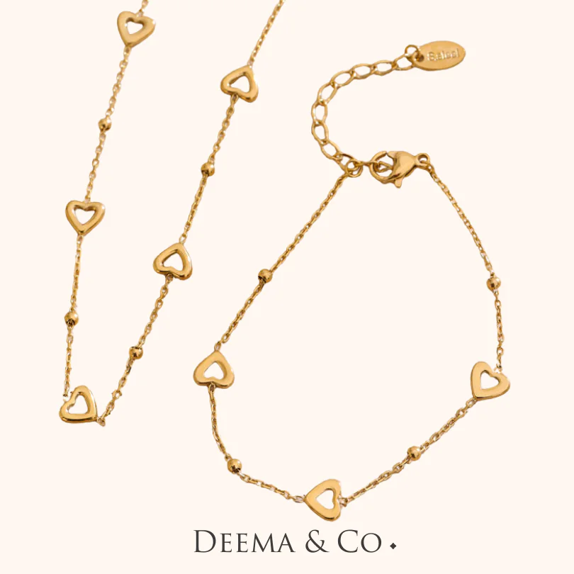 Dilara Dainty Necklace Bracelet Set - heart shape dainty jewellery waterproof