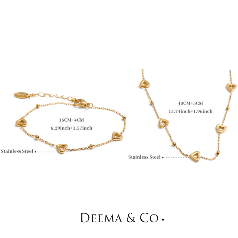 Dilara Dainty Necklace Bracelet Set - heart shape dainty jewellery waterproof