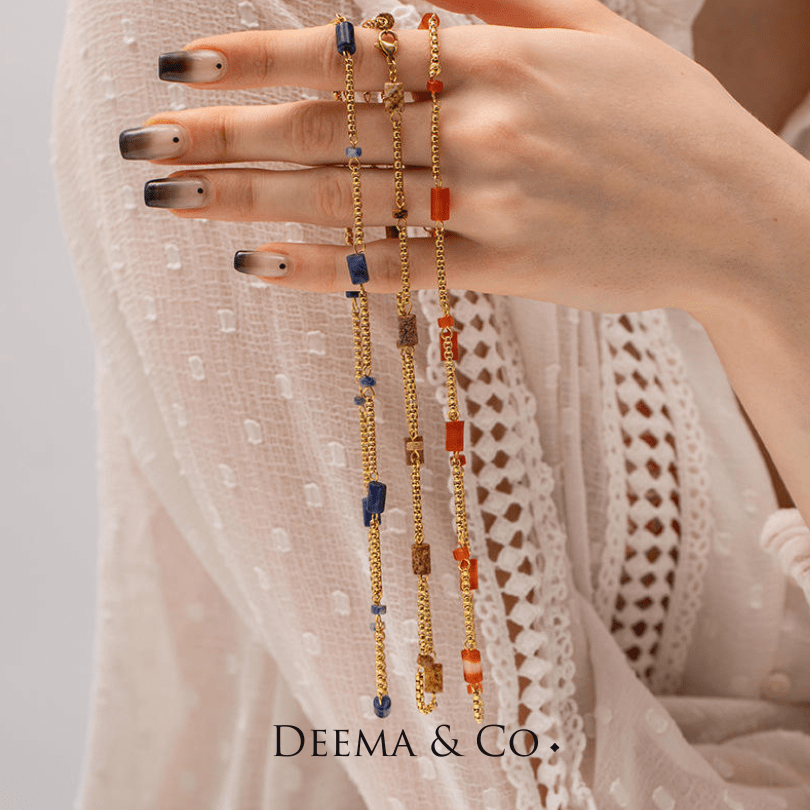 Gemstones - Carnelian, Lapiz Lazuli, Tigers Eye - Waterproof Necklace for Layering