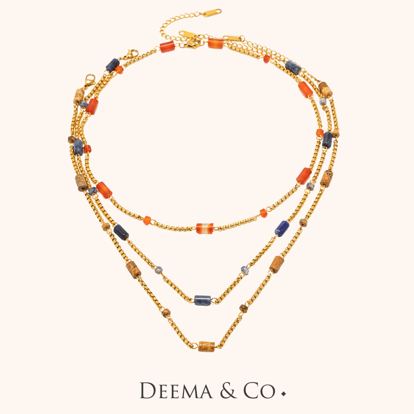 Gemstones - Carnelian, Lapiz Lazuli, Tigers Eye - Waterproof Necklace for Layering