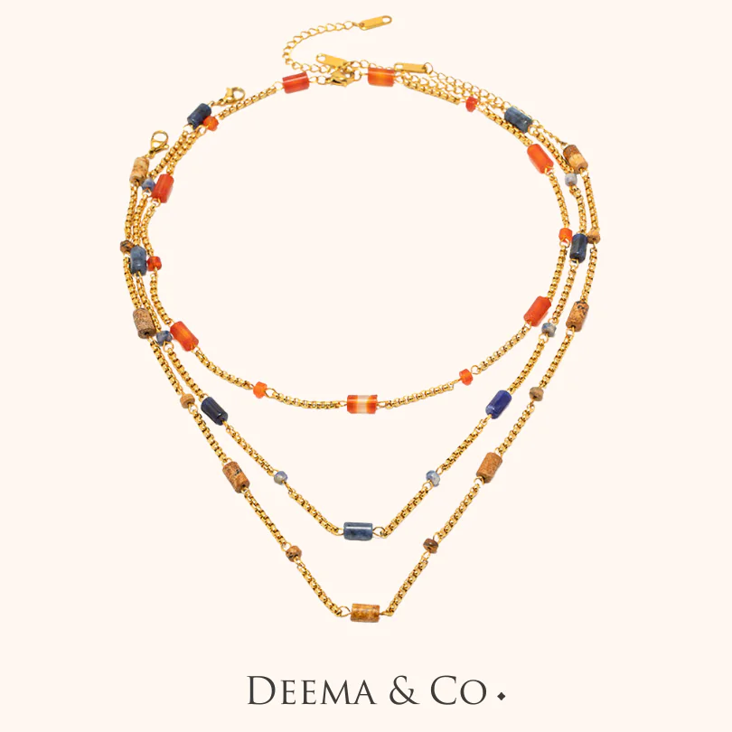 Gemstones - Carnelian, Lapiz Lazuli, Tigers Eye - Waterproof Necklace for Layering