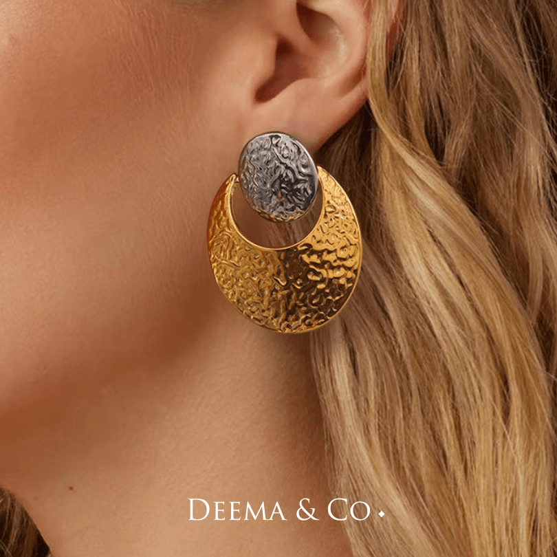 Gamar Moon Duo Tone Textured Earrings - Model