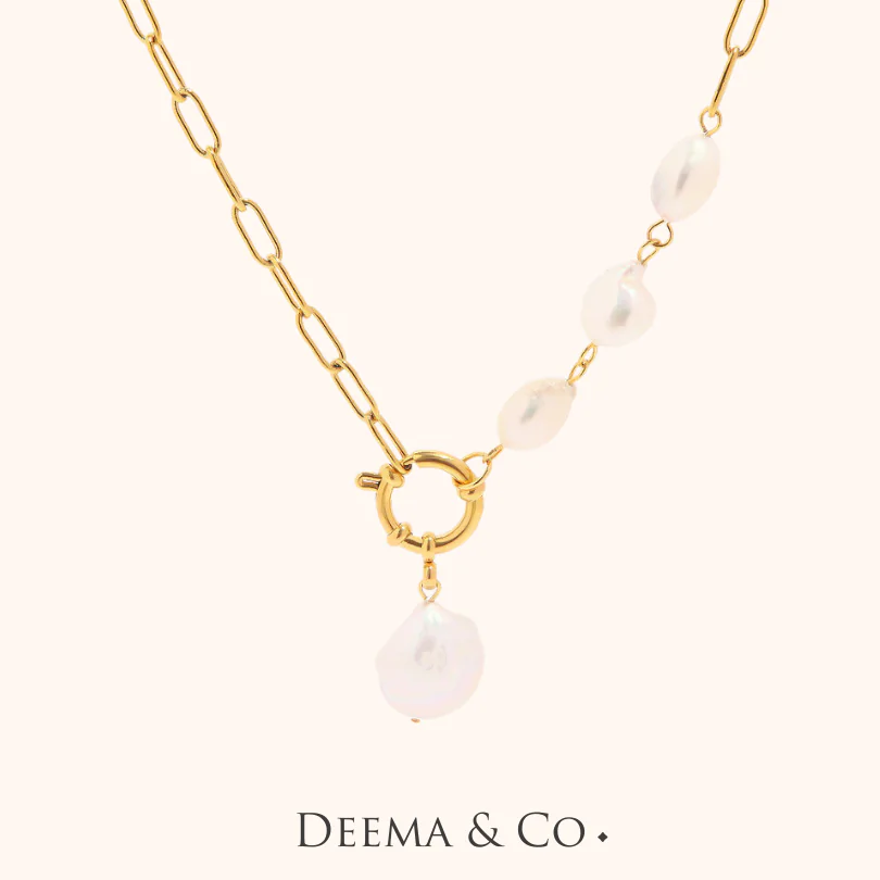 freshwater pearl stone, y necklace with sailor clasp, add on more charms if you wish. waterproof 18K Gold Plated on Stainless Steel Necklaces