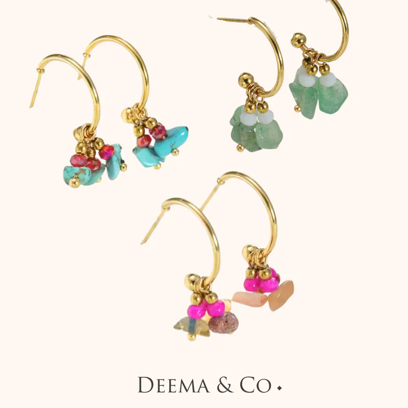 Waterproof, Natural Gemstones, 18K Gold Plated on Stainless Steel - Mini Gemstones Jhumka Earrings