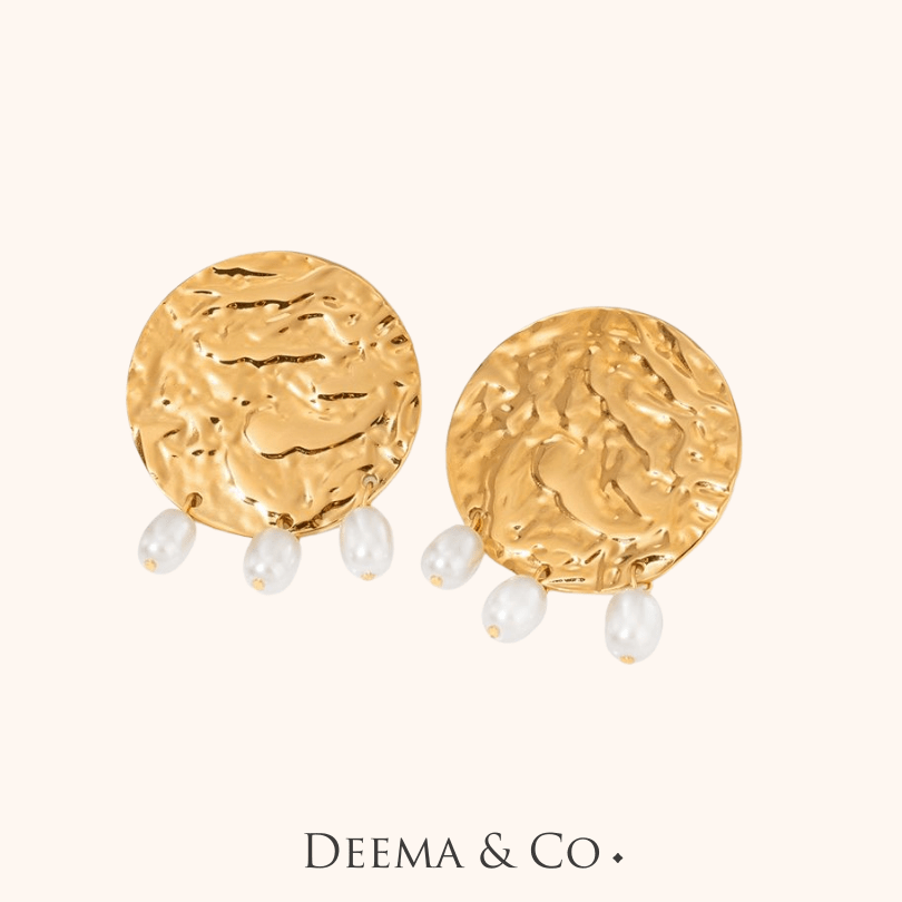 Textured Hammered Statement Earrings with FReshwater pearl, waterproof