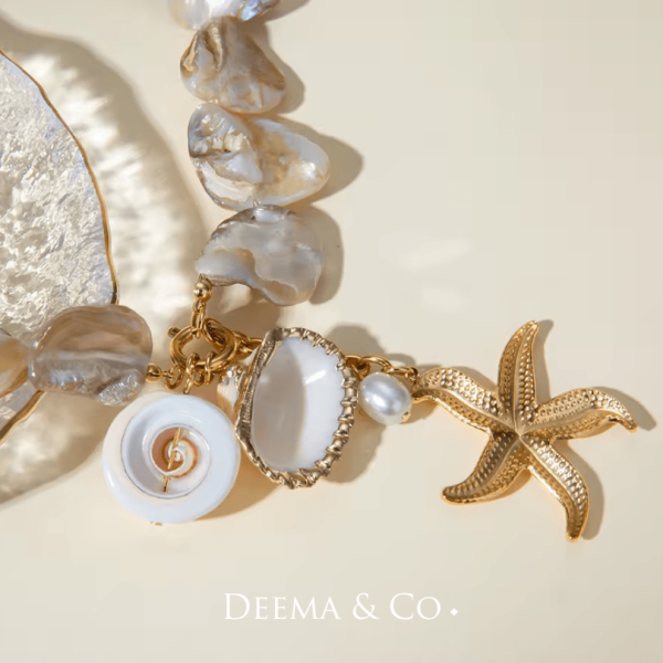 Sweatproof Water Safe Jewellery Stainless Steel PVD Plating Beach Jewellery Clam Seashell Pearl Choker Necklace
